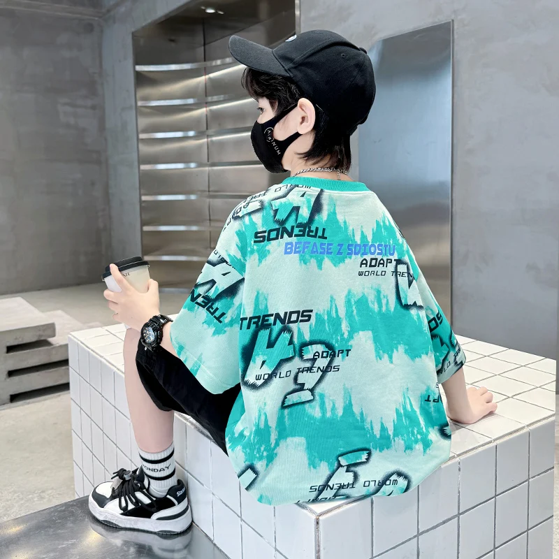 New Kids Cotton T-shirt for Boys Short Sleeve Letter Print Tee Tops Teens Child Summer Tee Shirt Age 5 6 7 8 9 10 11 12 13 14 Y