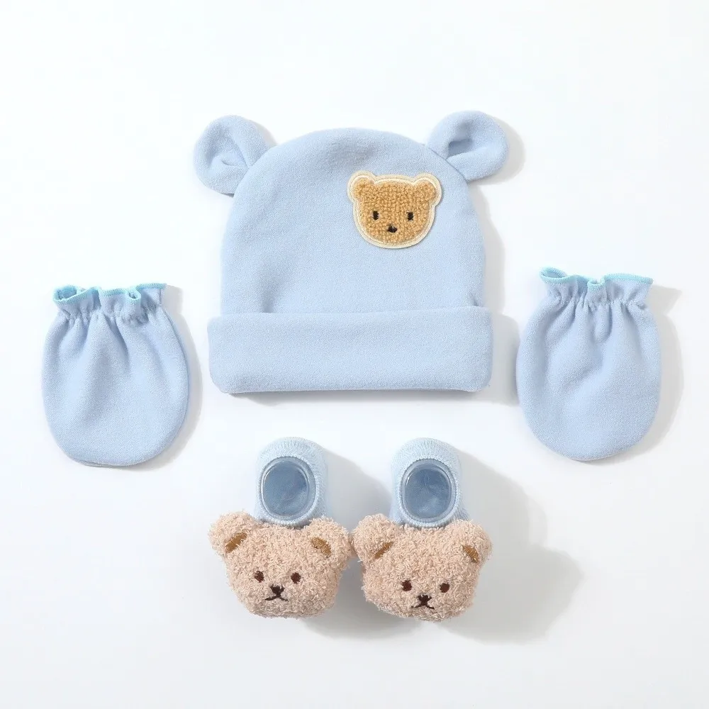 Soft Warm Baby Hat Gloves Socks Set Breathable Cartoon Newborn Hat Face Protection Elastic Infant Mittens Autumn Winter view 4