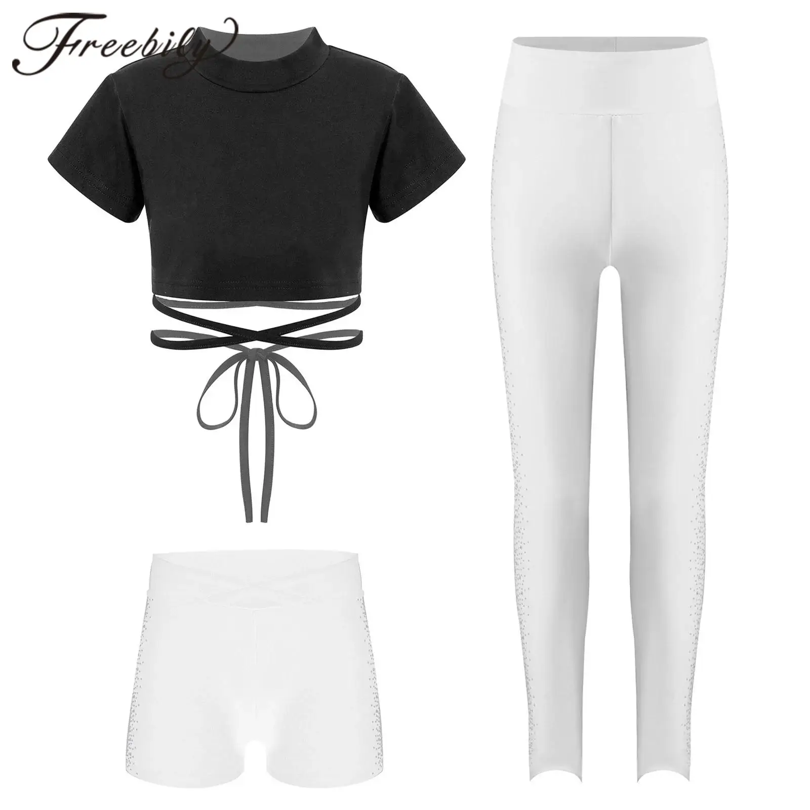 Kids Girls Yoga Sets Sportswear Outfit Ballet Hip-Hop Dance Costume Short Sleeve Lace-Up Cross Waist Crop Top Shorts And Pants