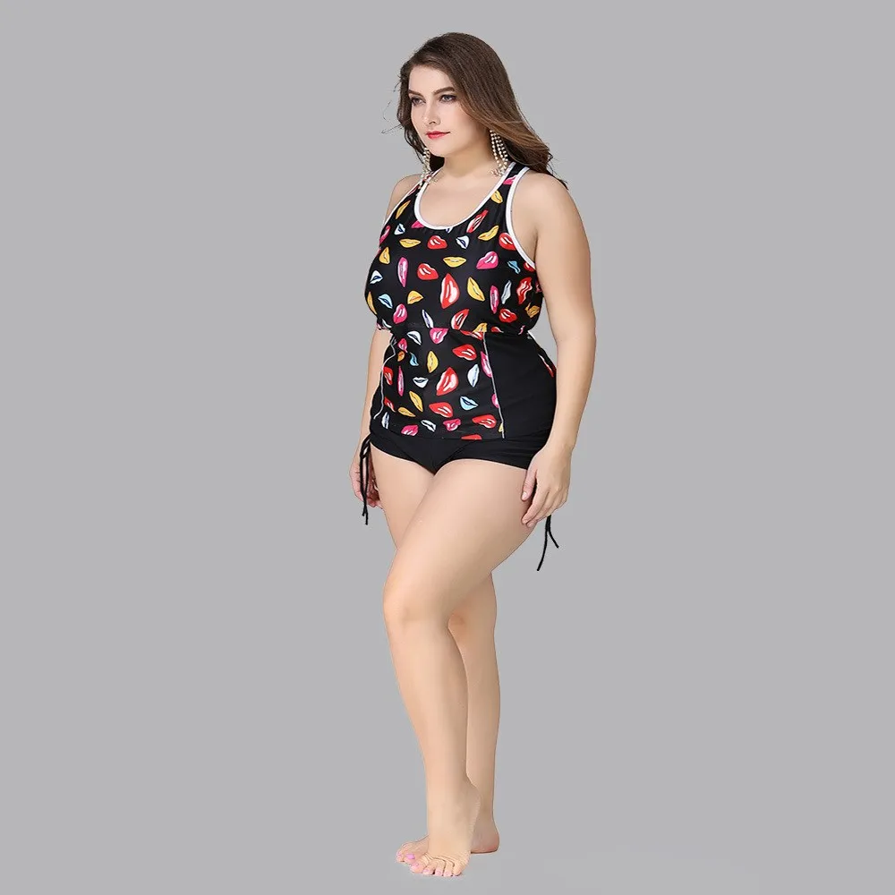 Plus Size Swimwear two piece Sepatate Swimsuit Women Ladies Boy Short High Waist Bikinis Bathing Suits Lips Print Tankini 5XL