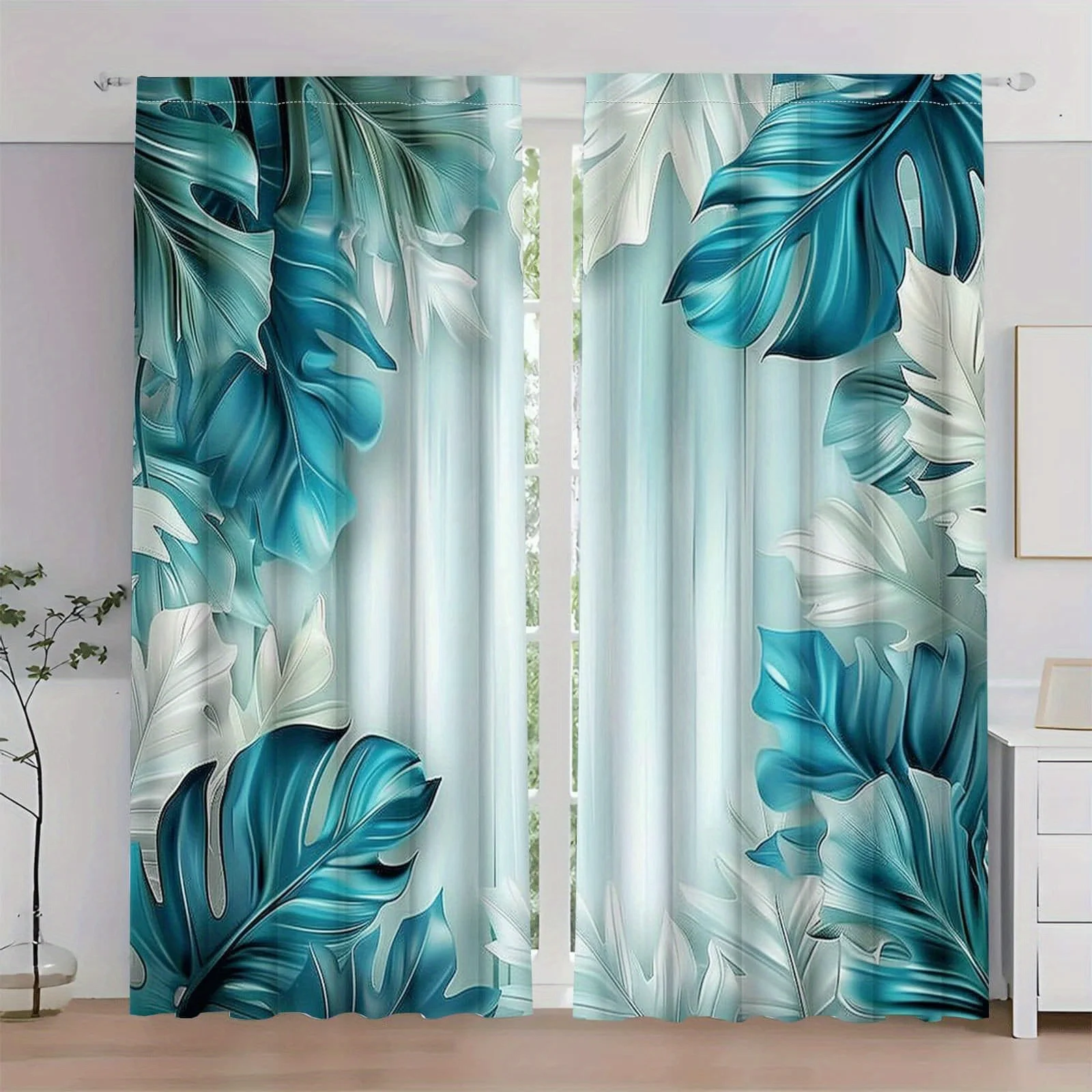 

Tropical Leaf Pattern Curtains Sheer Jungle Prints Window Treatment Modern Aqua Blue House Curtain Room Decor