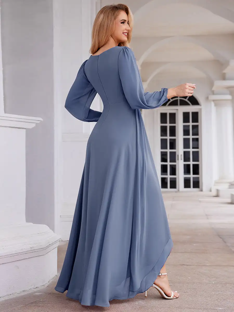 Elegant Evening Dresses V-neck Long Sleeves Hide zipper Floor Length 2025 Ever Pretty of Chiffon Dusty Blue Bridesmaid Dress