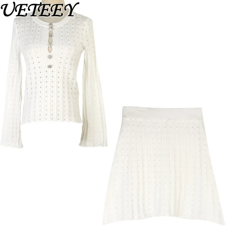 

2-Piece Set Elegant Long Sleeve Knitted Sweater and Skirt for Women Hollow Out Slim Fit Autumn Winter New Korean Style Suit