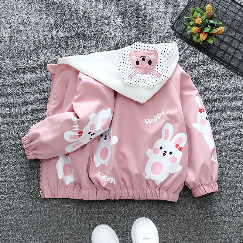 Happy Rabbit Baby Girls Jacket Spring Autumn Cartoon Fashion Little Princess Coat Hooded Zipper Girls Windbreaker Kids Clothes