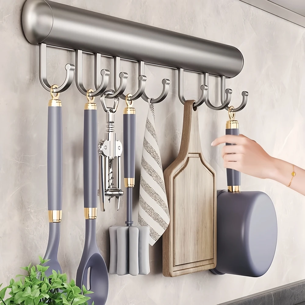 Wall Mounted Kitchen Hook Rack Aluminum Cabinet Storage Kitchen Utensils Rack Spoon Shovel Movable Hook Hardware Accessories