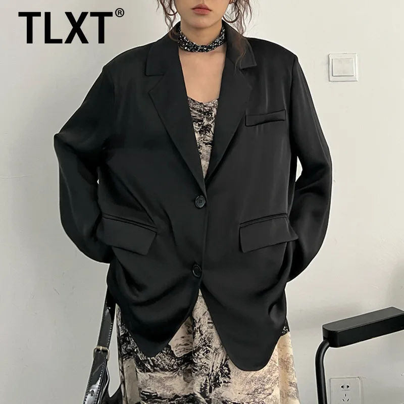 

TLXT Шелковый солнцезащитный костюм с разрезом сзади, кардиган, куртка для женщин, лето 2023, новый черный легкий свободный повседневный блейзер XK1088