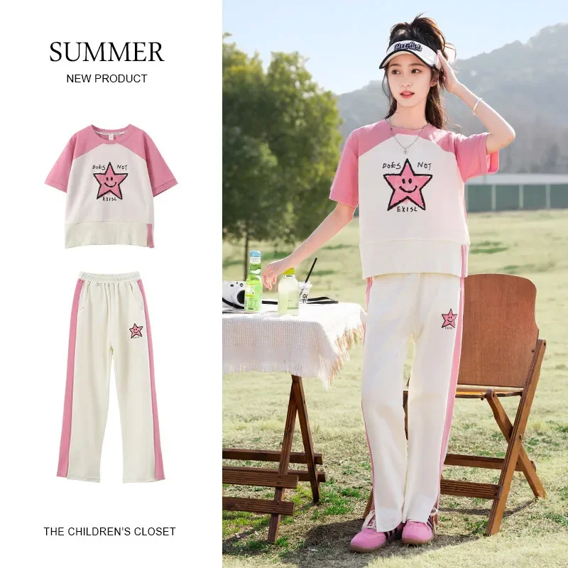 

5-16Y Girls Two Piece Set Summer Print Pattern Casual Short Sleeved T-shirt Sports Pants Korean Fashion Children's Sets