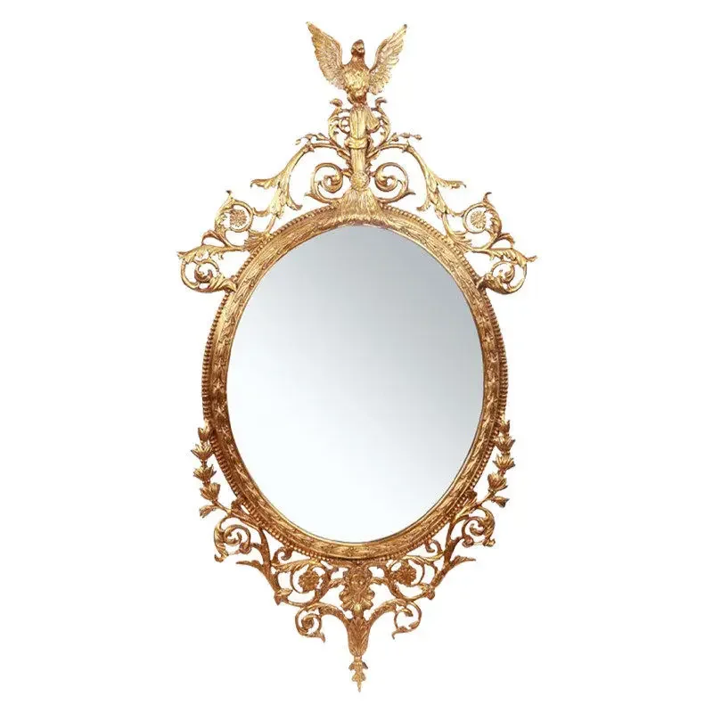 French retro all-copper decorative mirror oval European luxury villa living room entrance atmosphere