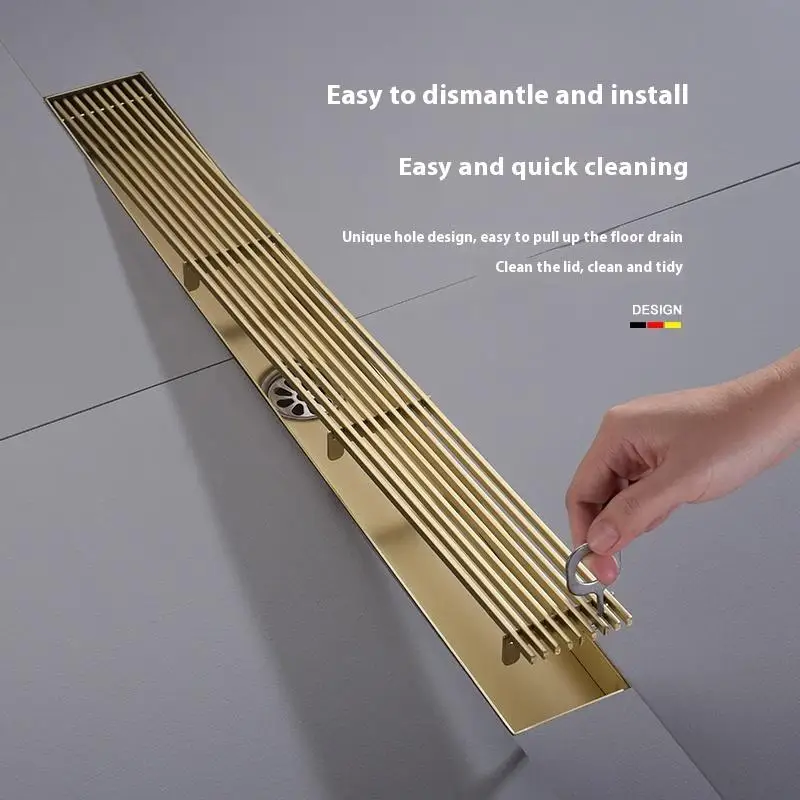 Drain de sol de douche de salle de bains haut de gamme, rangée de bambou doré de 20 à 60cm, Grille à Six preuves, Long Drain de sol linéaire étendu en acier inoxydable