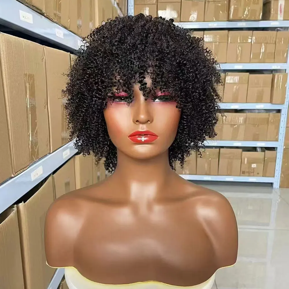 

Парики из натуральных волос Afro Kinky Curly для чернокожих женщин Kinky Curly Bob Wigs Черный короткий вьющийся парик из человеческих волос с челкой машинного производства