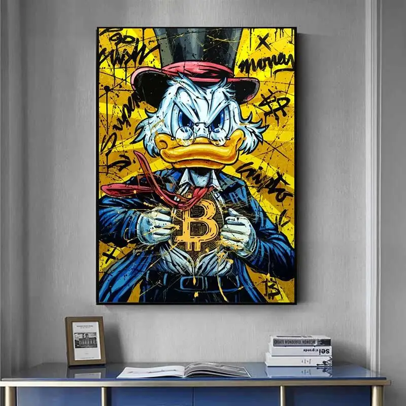 Disney Donald Duck B Bitcoin Money Art Canvas Painting Funny Color Graffiti Wall Poster Prints Living Room Home Pictures Decor