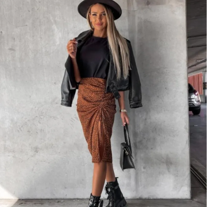 Spring Summer New Fashion Commuter OL Leopard Print Sexy Pleated Split Belted  Skirt mid Waist Irregular A-Line Skirt