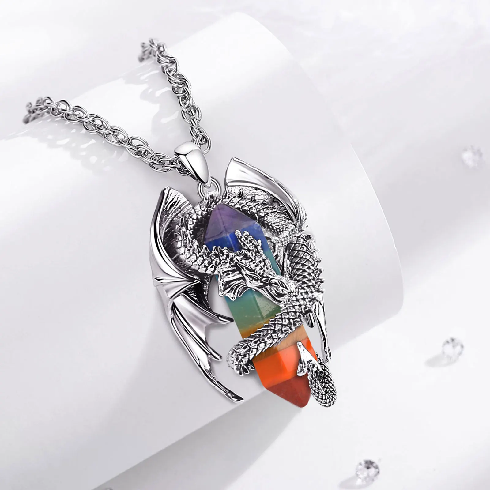 Eudora Dragon Twining Hexagonal Amethyst Prismatic Necklace 7 Color Chakra Healing Stone Crystal Pendant Spiritual Jewelry Gift