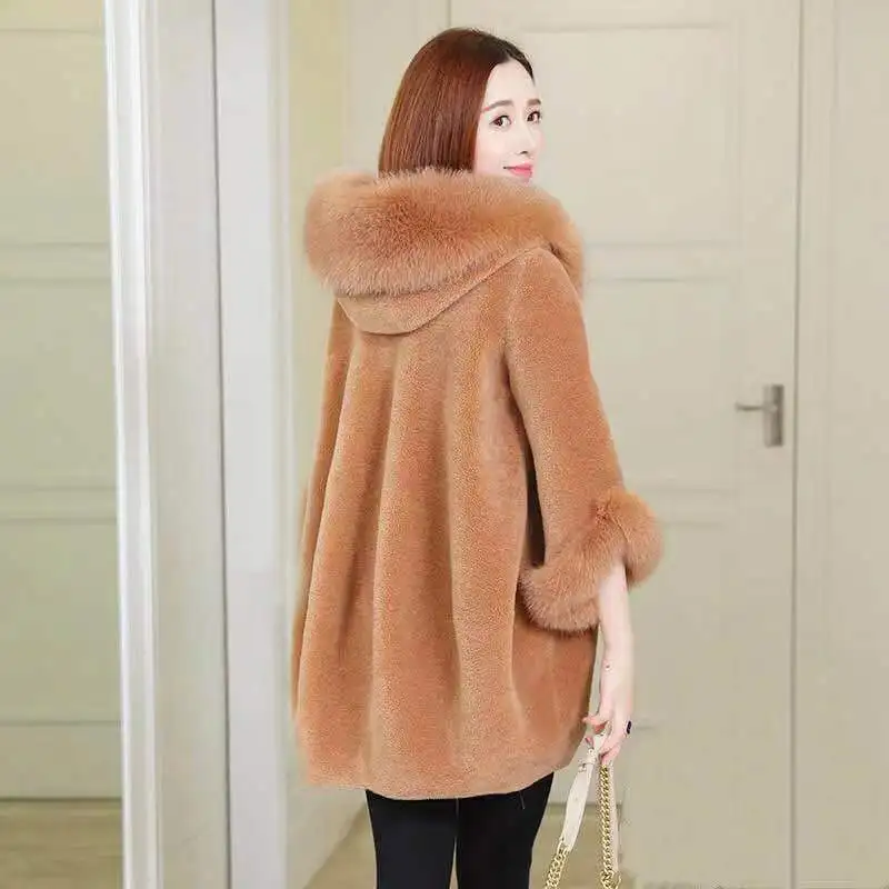 VOLALO New Winter Clothing Imitate Fur Coat Female Mid-length Imitate Fox Fur Collar Hooded Imitate Sheep Shearing Women Coat