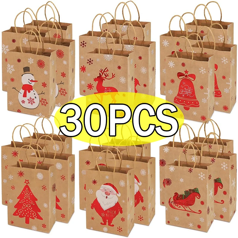 Wholesale Kraft Gift Handle Bags Christmas Party Candy Cookie Packaging Treat Pouch Cute Santa Claus Snowman Decoration Supplies