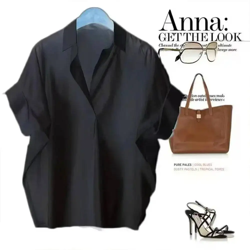 

Women Blouses Spring Summer Breathable Simple Short Batwing Sleeve Turn Town Quick Dry Collar Shirts Solid Color Female Clothing