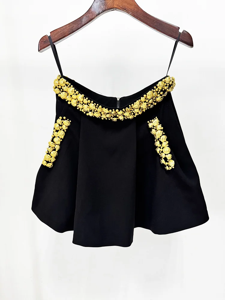 HIGH STREET-Conjunto de traje de diseñador para mujer, camisola con decoración de botones dorados, Top, minifalda, 2 uds., 2025, nueva moda