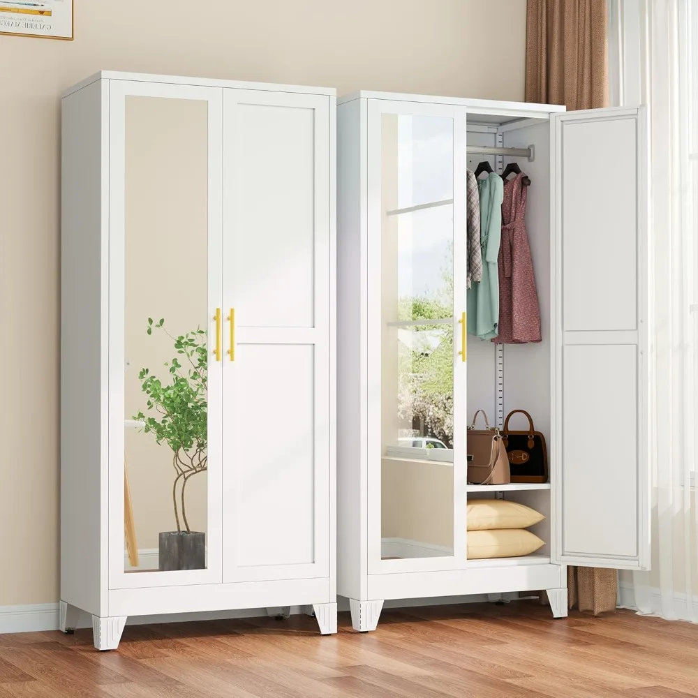 

Metal Armoire Wardrobe Closet with 2 Mirror Doors, 71" Wardrobe Cabinet with Adjustable Shelves and Hanging Rod, Industrial Styl