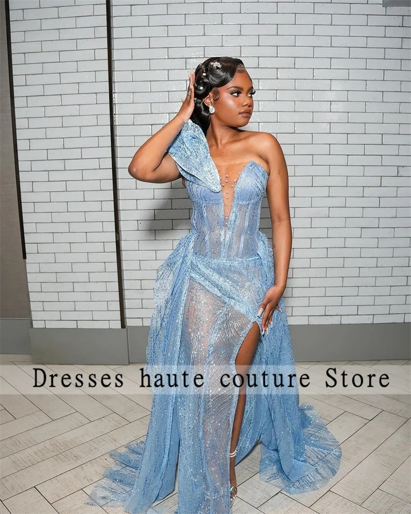 

Customized Aso Ebi Sky Blue Mermaid Evening Dresses 2025 African Women Beaded Lace Side Slit Prom Dress Wedding Party Dress