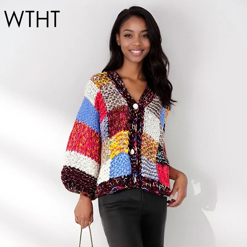 

WTHT Fashion New Women's Contrast Color Knit Loose Cardigan 2025 Autumn Trendy V-neck Long Sleeves Sweater Female 1LS2507