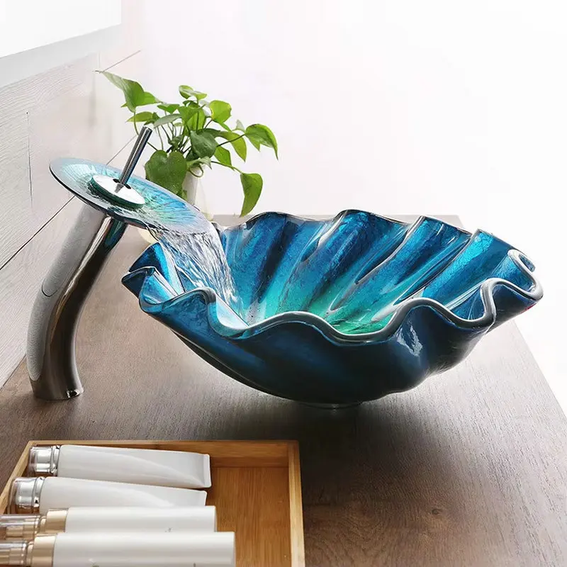 

Tempered glass gradient blue-green washbasin,skirt design countertop basin,all copper waterfall faucet design washbasin GN009SK