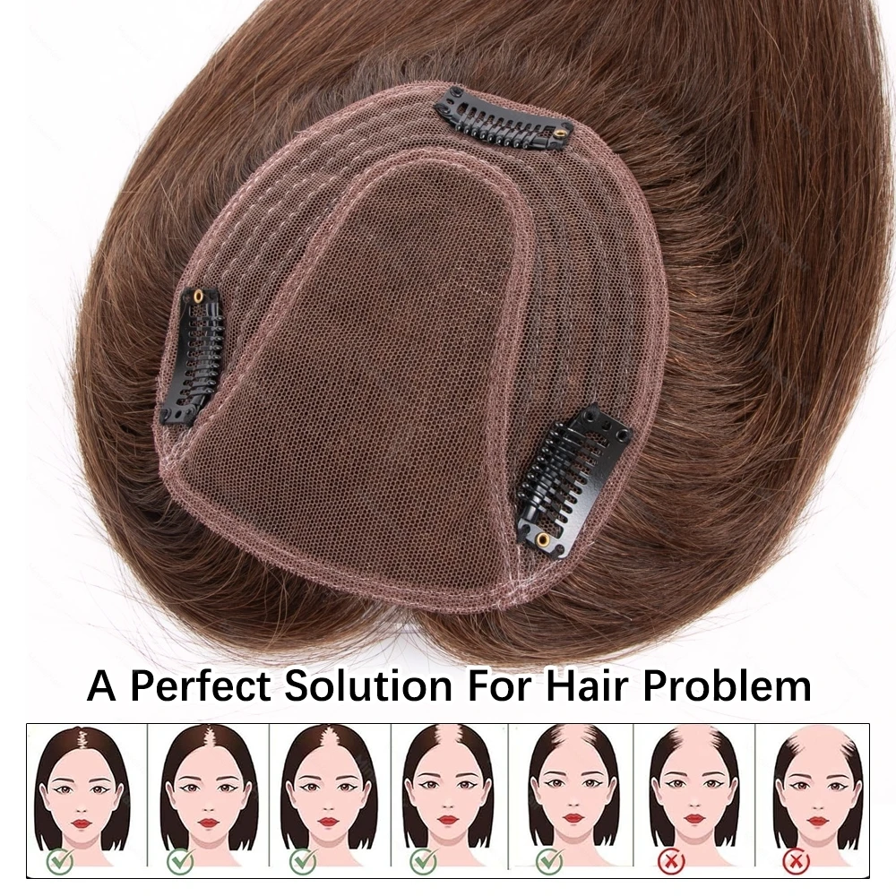 ブラウン人毛ヘアピース 02 04 本物の自然なクリップインヘアピース 5x5インチ モノラル大型ベース 46g 手植え 12インチ 30cm