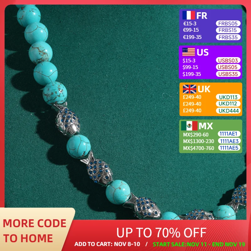 

Vintage Fish Blue Natural Stone Beaded Turquoise Necklace Chain Retro Rhinestones Antique Jewelry Women Party Accessories