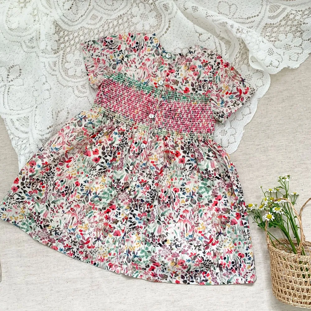 Spring Summer Kids Girl Clothes Baby Dresses Hand Embroidered Short Sleeved Dress Vintage Floral Pattern Girls' Dress
