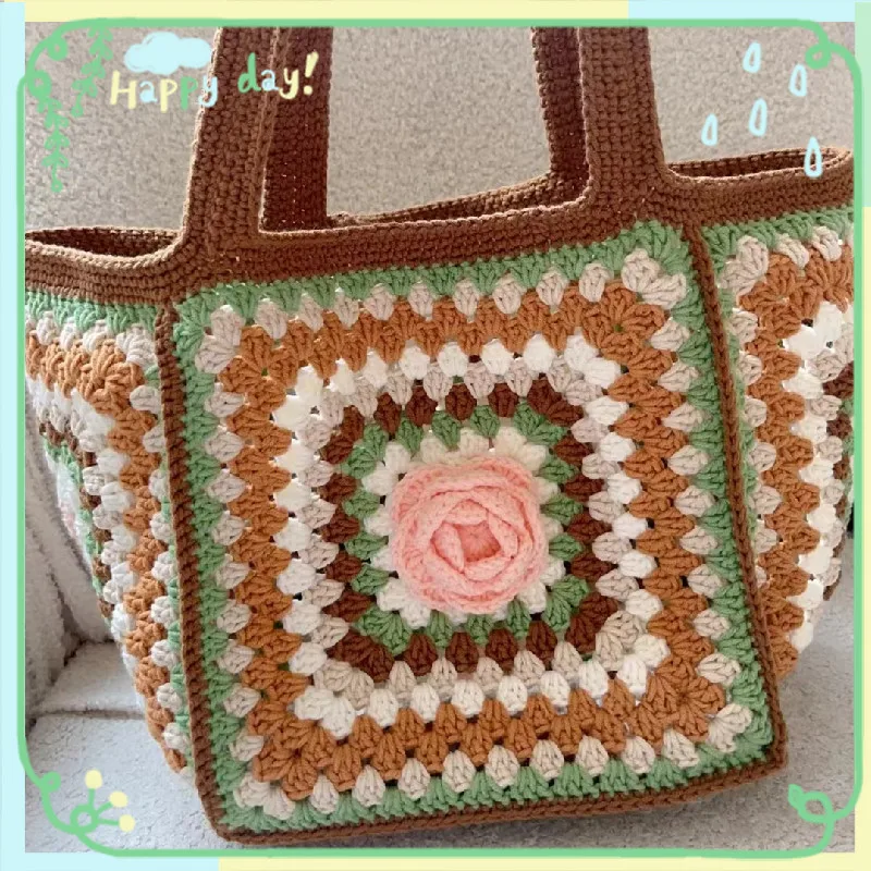 Borsa a tracolla con motivo a griglia per nonna intrecciata a mano per borsa della spesa casual da donna, semplice e alla moda