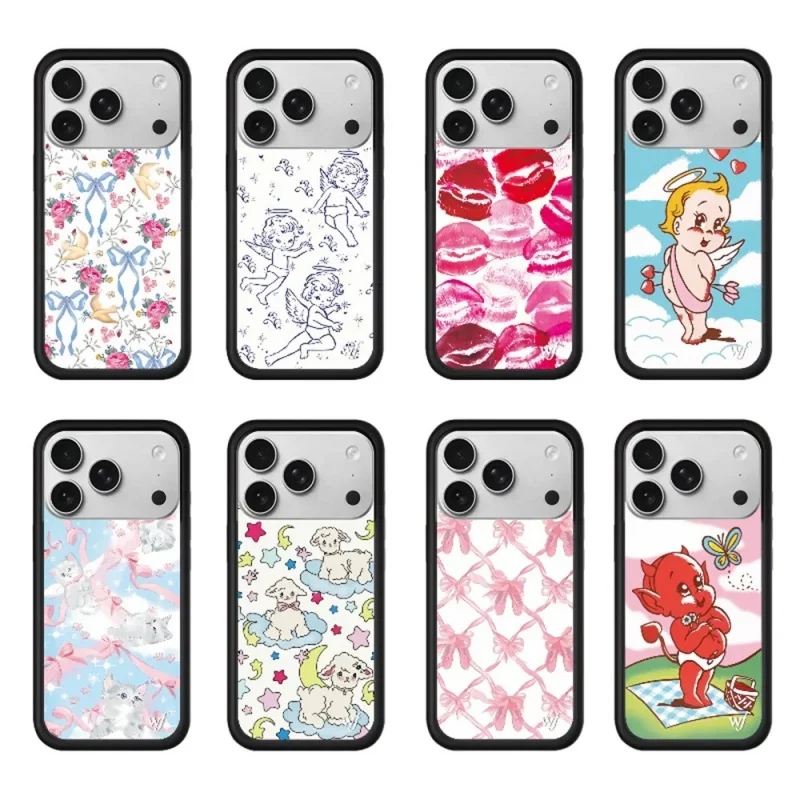 Wildflower Niedliche Cartoon-Engel-Kirsch-Handyhülle für iPhone 12 13 14 15 16 17 Pro Max Plus mit Schleife, Schuhen und Blumen – WF Schutzhülle ﻿ ﻿ ﻿ ﻿