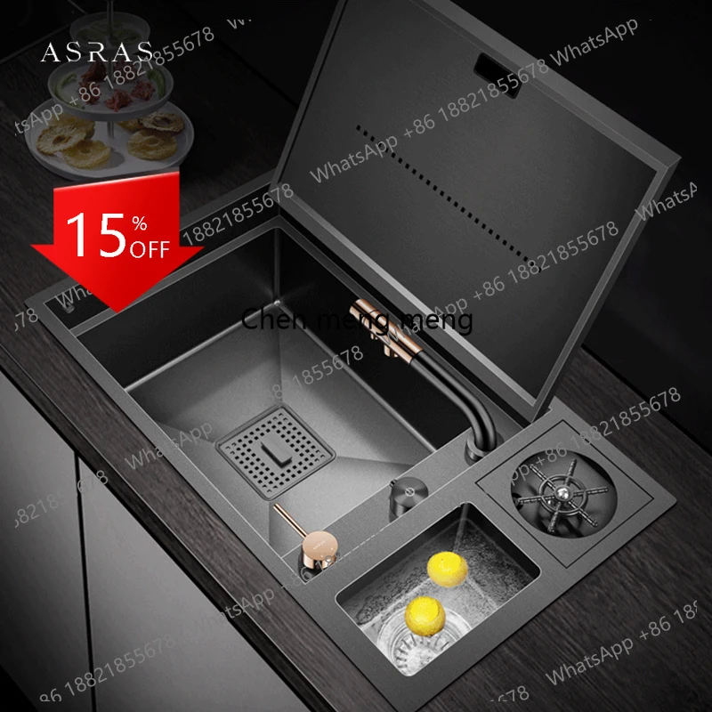 A139 Nanometer Hidden Flip Cover kitchen Island Sink 4mm Thickness Handmade Cup Rinser And Trash Can Kitchen Sinks