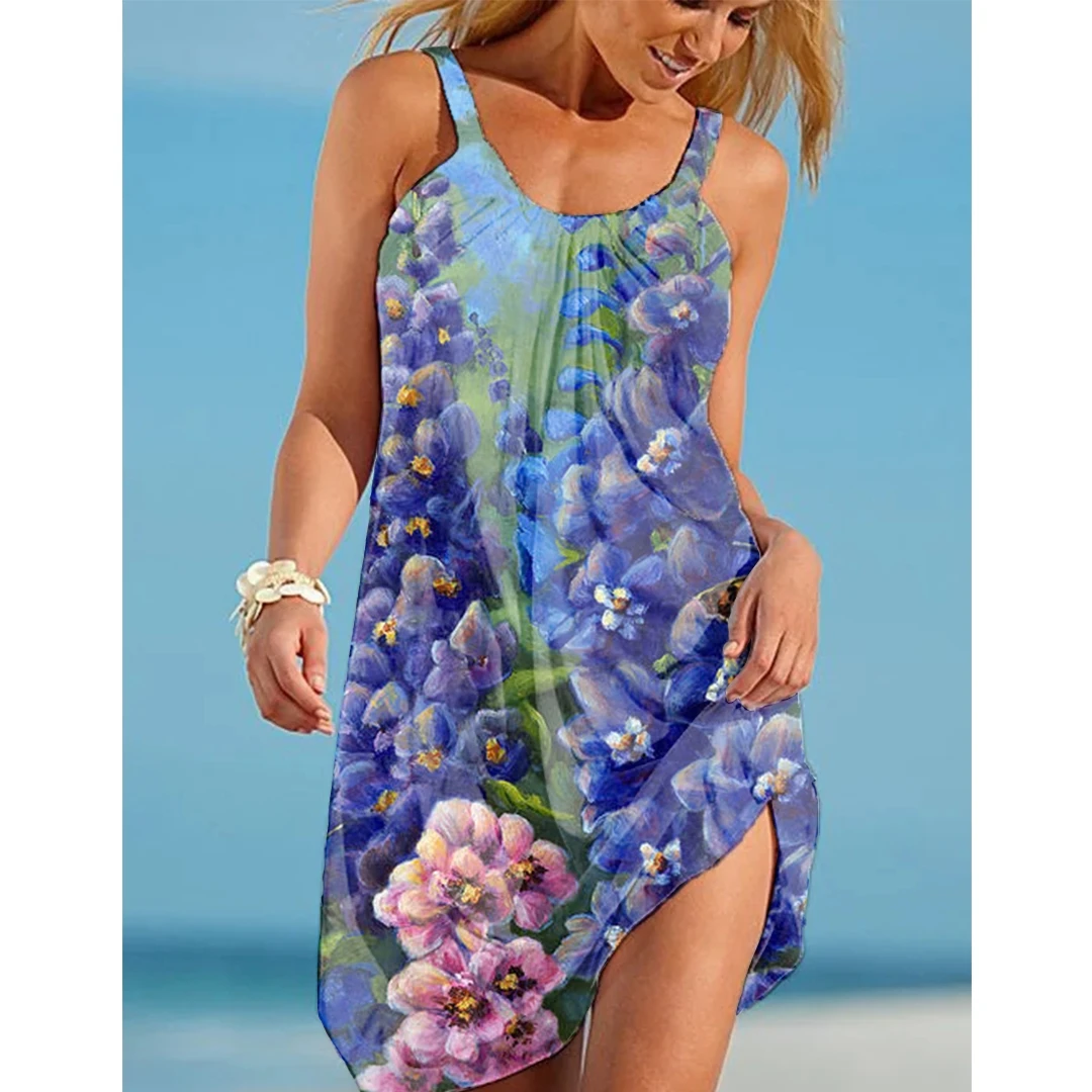 Summer New Women Beach Dress 3D Flowers Printing Fashion Sexy Halter Boho Vintage Beachwear Girls Party Elegant Suspender Skirt