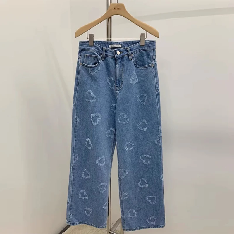 Jeans taille haute à motif de cœur pour femmes, pantalons en denim décontractés, pantalons à jambes larges, vêtements coréens, printemps