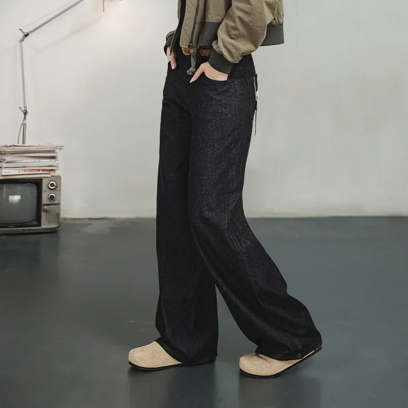 

Maden Women's Retro Black Wide Leg Jeans Straight Casual Loose Pants Versatile for Spring and Autumn Zipper Street Wear Trousers