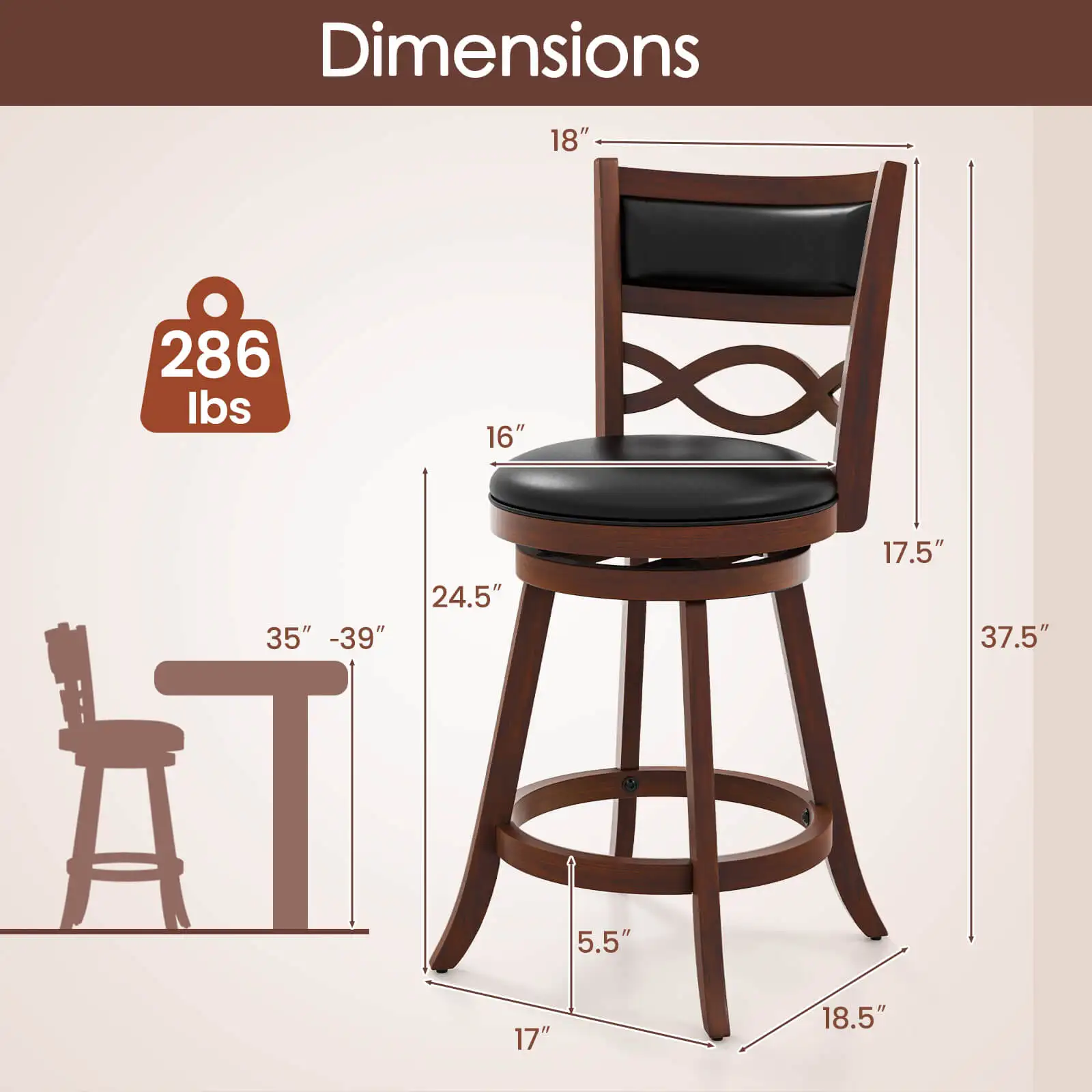 24 Inch Bar Stools Set of 2 w/ Rubber Wood Frame Faux Leather Upholstered Seat