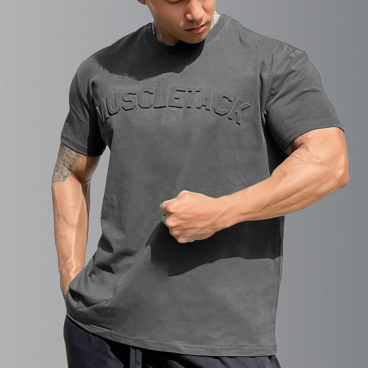 Gym Dark Grey Muscle Sports Loose Fashion Design Letter Short Sleeve Men's Street Running Training Elastic Sports T-Shirt