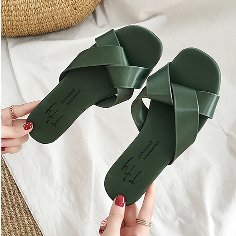 Summer Simple Sandal And Slipper Cross Flat Slipper Candy-Colored Slipper Women Summer Fashion Outer Wear Slipper Beach High-end
