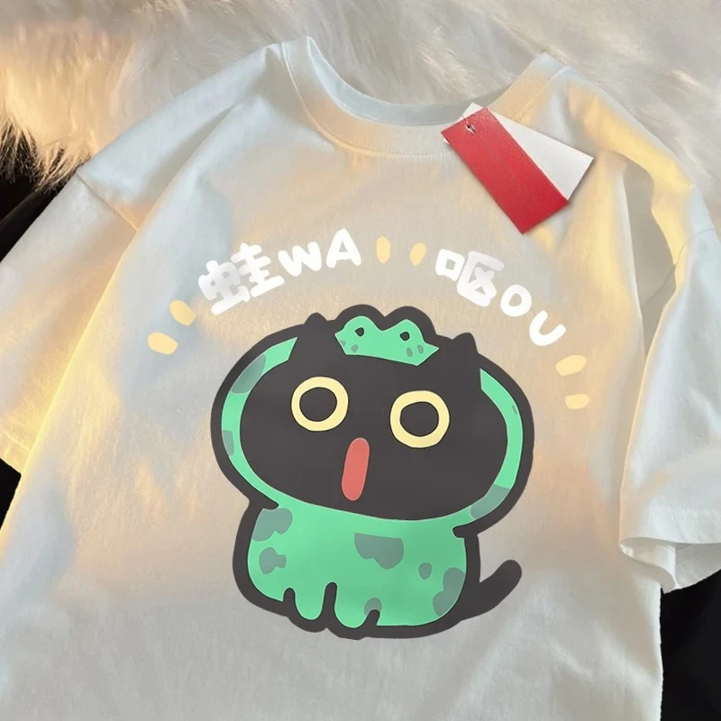 لعب الأدوار الضفدع القط تي شيرت المرأة Crewneck بلايز عادية عرق تي شيرت نمط فضفاض قصيرة الأكمام تيز الجرافيك تي شيرت Y2K #6