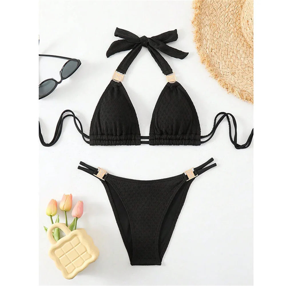 

Sexy Buckle String Bikini Jacquard Black Y2K Swimsuit Push Up Halter Bandage Backless Swimwear Women Beach Bikinis Bathing Suits