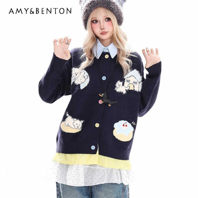 

Autumn Winter New Cute Cartoon Jacquard Women's Sweater Cardigan Original Design Casual Fake Two-Piece Knitted Jacket Ladies