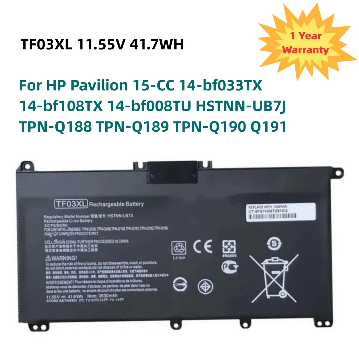 Nuova batteria TF03XL TF03 per HP Pavilion 15-CC 14-bf033TX 14-bf108TX 14-bf008TU HSTNN-UB7J TPN-Q188 TPN-Q189 TPN-Q190 Q191 41.7WH