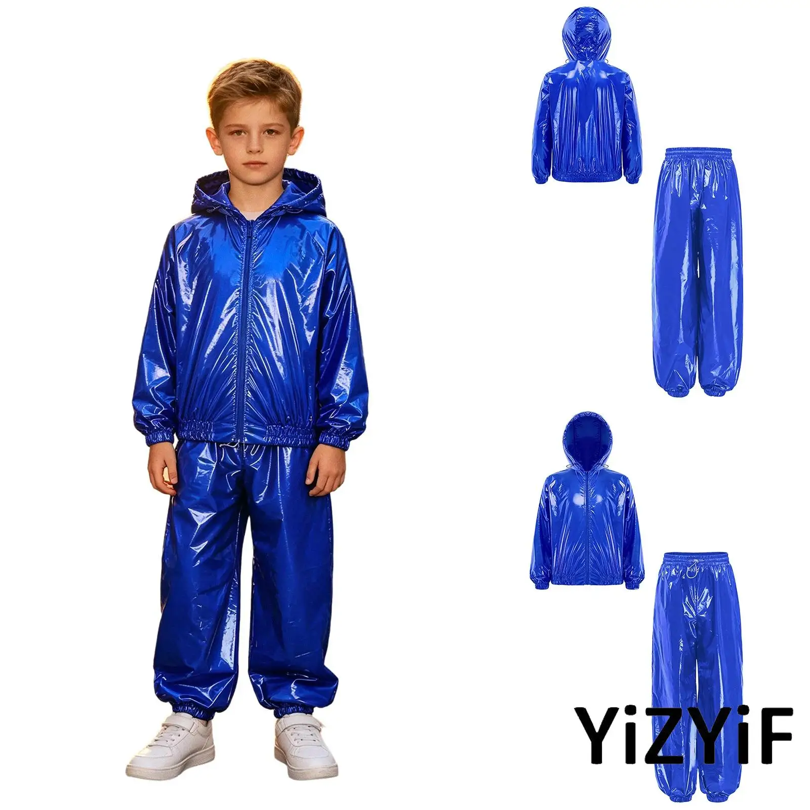 Kids Unisex Hip Hop Street Dancewear Water Resistant Outfit Long Sleeve Drawstring Hooded Jacket Raincoat with Jogger Pants