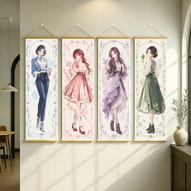 Anime Women in Navy, Pink, Lavender and Green Outfits Hanging Scroll with Vintage Inspired Floral Borders for a Bedroom