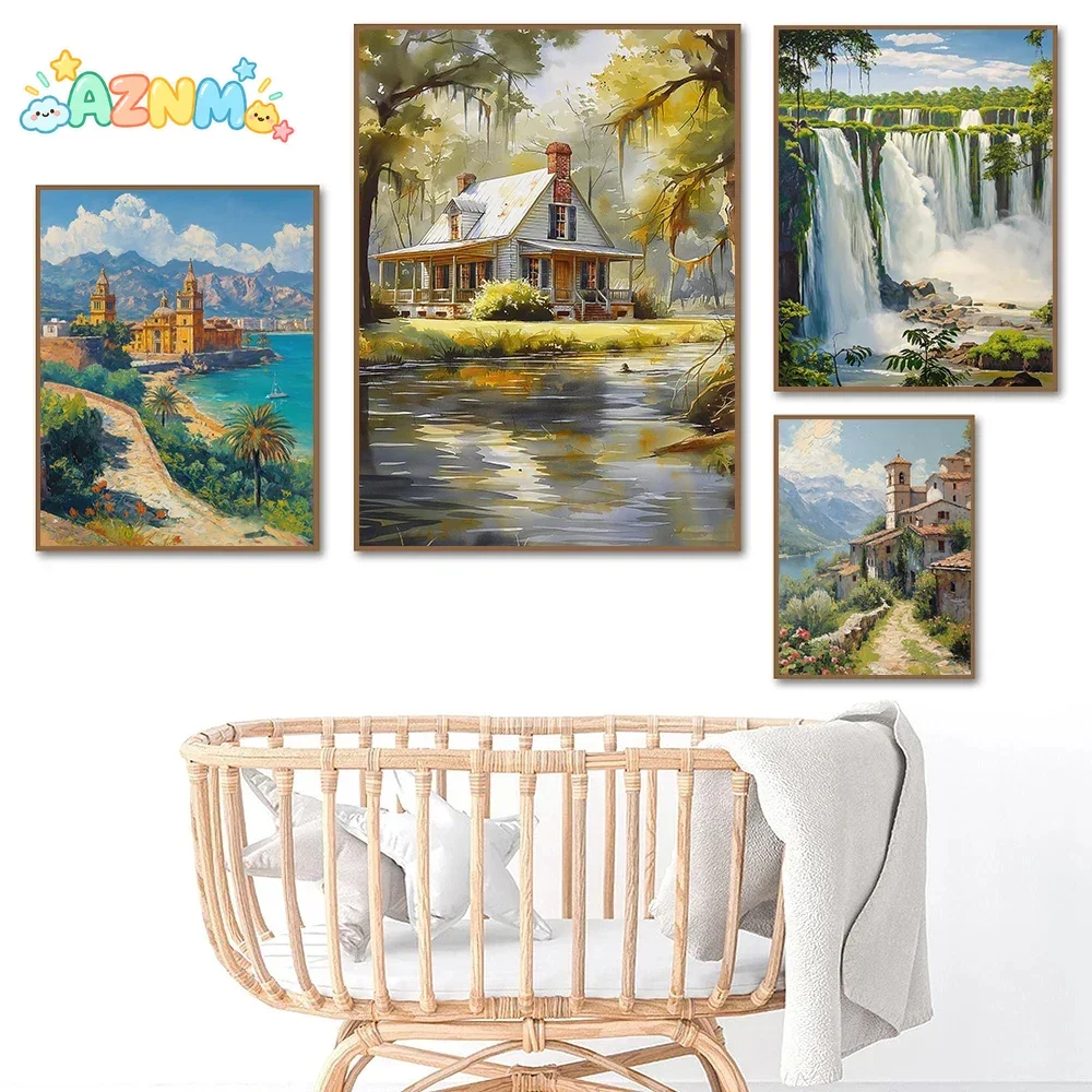 Classic Snow Mountain Waterfall Castle Village Scenery Illustration Poster Canvas Paintings Wall Art Pictures Home Decor