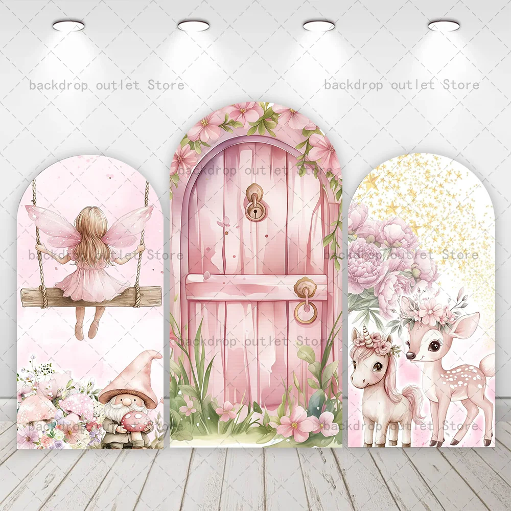 

Фон для фотозоны Mehofond «Домик феи» с аркой, для дня рождения девочки, вечеринки в честь рождения ребенка, розовый цветочный фон с грибами, декор для вечеринки