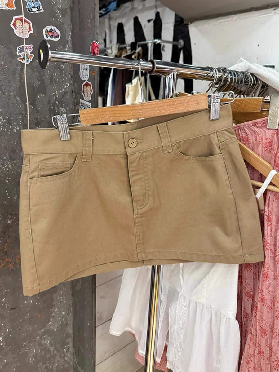 New Khaki Straight Skirts Women Summer High Waist Back Pockets A-line Short Faldas Female Vintage Streetwear Cotton Skirt Y2k