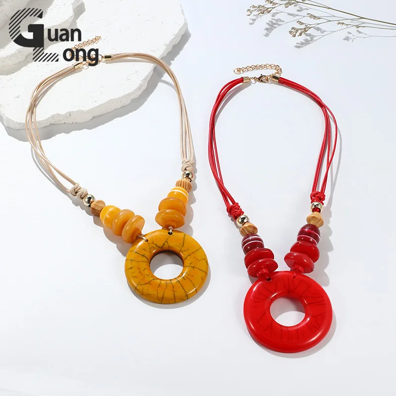 GuanLong New Vintage Long Simple Resin Necklaces for Women Rope Chain Round Big Pendant Necklace Bohemian Boho Accessories Gifts