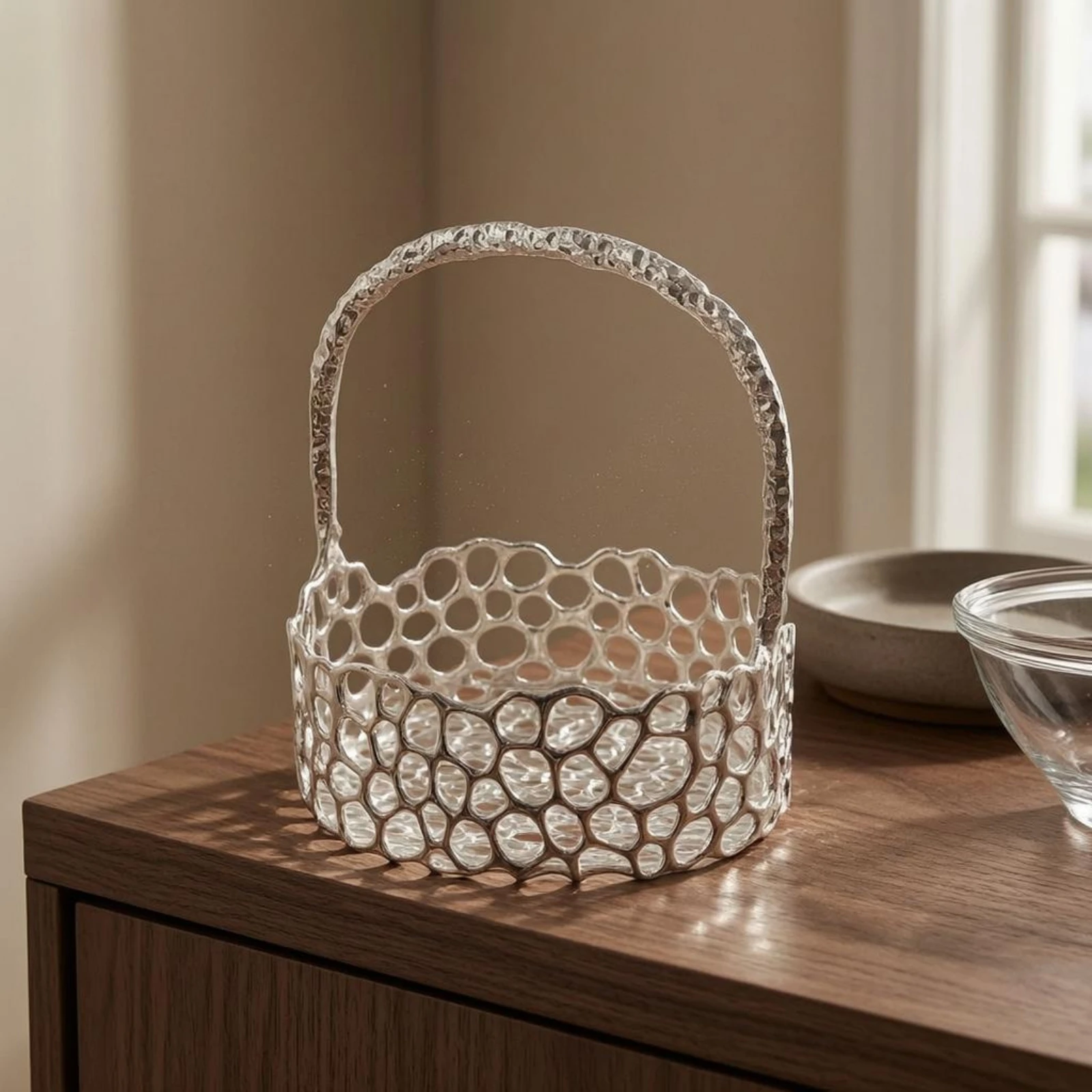

Tabletop Storage Basket Arched Handle Metal Wire Basket Perforated Openwork
