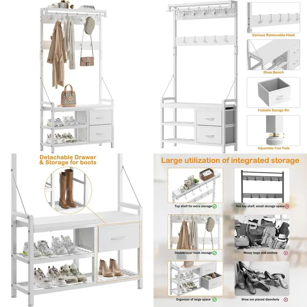 مقعد مدخل 5 في 1 مع 17 خطافًا، وحدة تخزين الأحذية ورف المعاطف، وتصميم ذكي قائم بذاته للمنزل