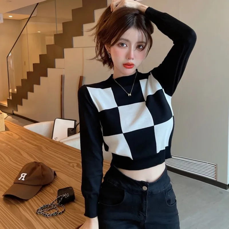 

Casual Style Women's Clothing 2022 High Waist Short Checkerboard Top Niche Design Fall/winter Knitted Sweater Plaid Sweater Top